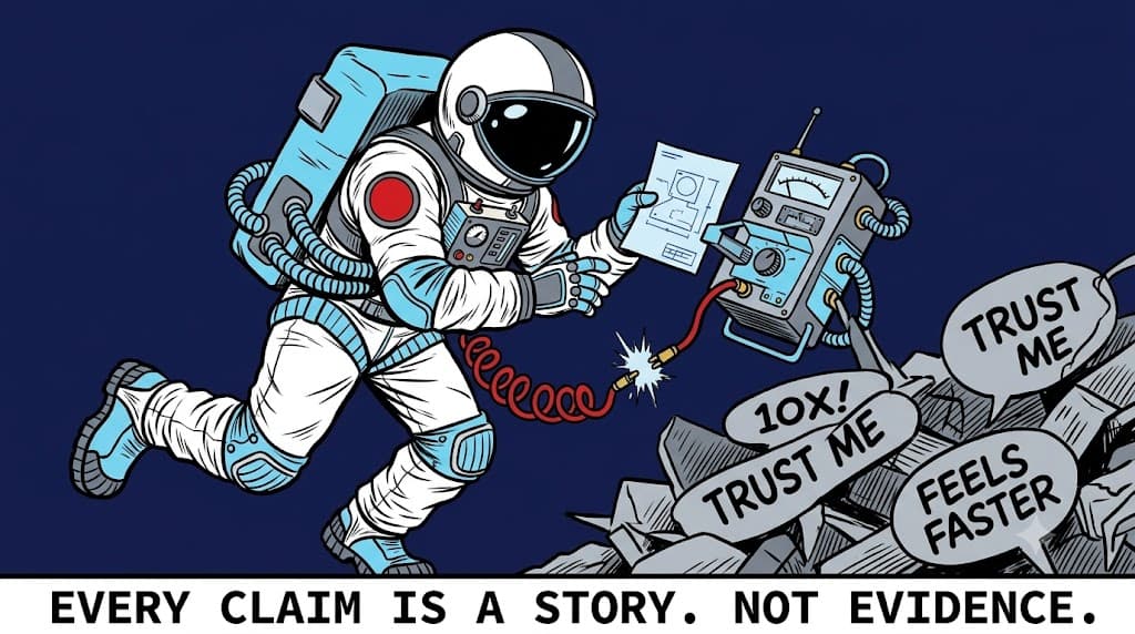 2. Stories vs Evidence. The Mass is a rubble pile of speech bubbles — grey, deflated balloons stamped "10X!", "TRUST ME", "FEELS FASTER". The Construct is a crisp measuring instrument the spaceman is assembling, blueprint in hand. The red Connection is disconnected with a spark gap — the instrument isn't plugged into the stories yet. Caption: "EVERY CLAIM IS A STORY. NOT EVIDENCE."